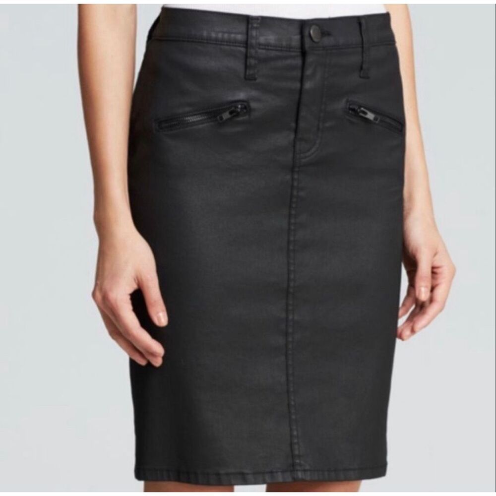 Current/Elliott Soho Zip Stiletto Black Coated Denim Pencil Skirt Midi Size 26